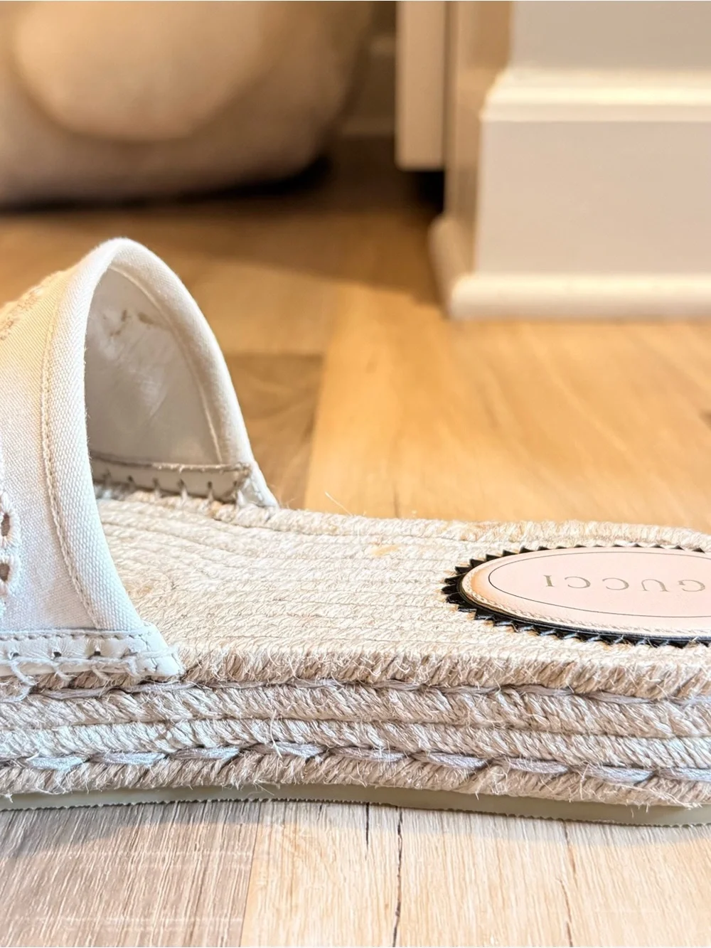 Gucci Cream Espadrille Slide with Woven Jute Platform